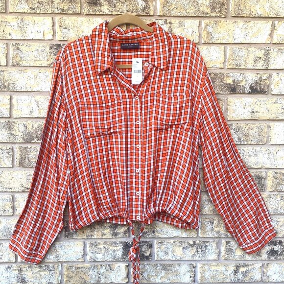 Lany Bryant Tops - size 14 Lane Bryant flannel plaid top button down no peek cropped tie hem orange